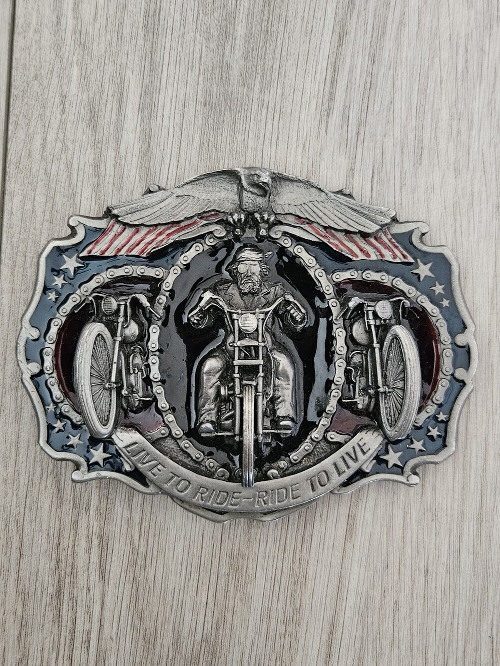 1987 "LIVE TO RIDE - RIDE TO LIVE" Belt Buckle By Bergamot USA Patriotic Eagle